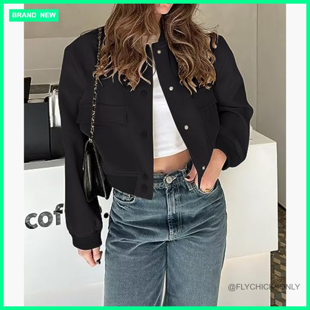 Polyester Cropped Bomber Jacket With Button Closu… - image 3